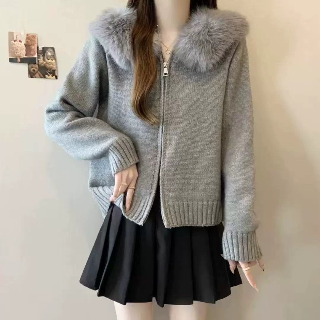Женский кардиган-свитер с капюшоном, на молнии, с воротником из лисьего меха, вязаный, повседневный, осенне-зимний дизайн Hongtai.