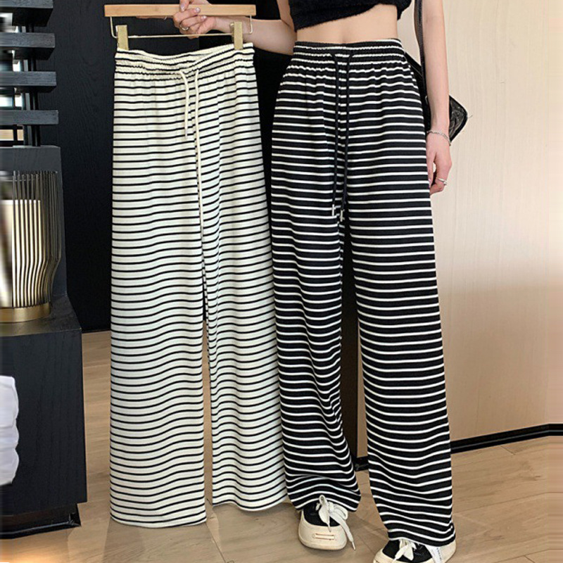 Black and White Striped Casual Pants Women's Ice Silk New Slimming Straight Wide-leg Pants High Waist Draping Long Pants