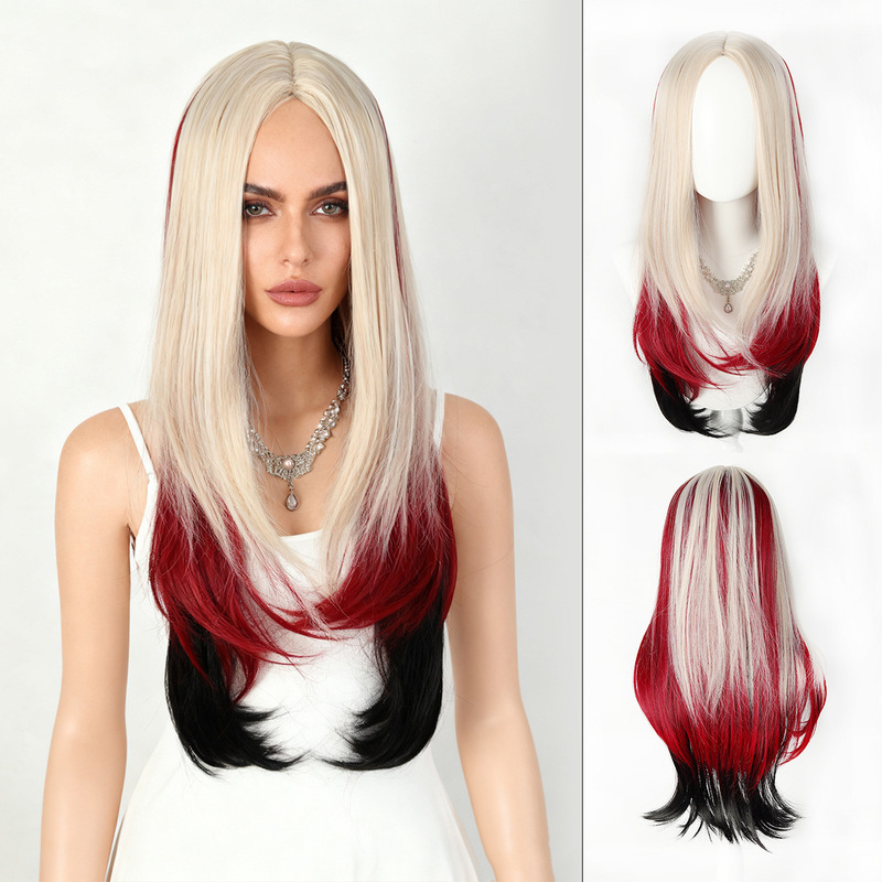 European and American Wig for Women with Long Hair, Layered Middle-Parted Long Straight Headgear, Gray Highlighted Red Natural Artificial Hair Full Headgear