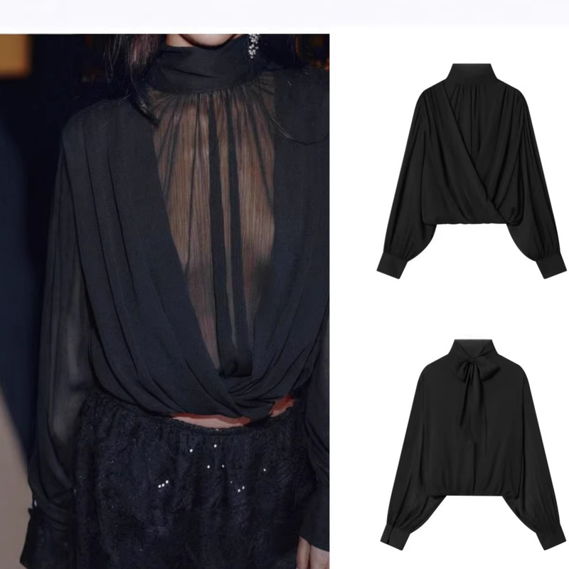 New Foreign Trade Women's Clothing, French Fashion Style, Casual Pleated Cross Design, Lantern Sleeves, Semi-Transparent Shirt Top