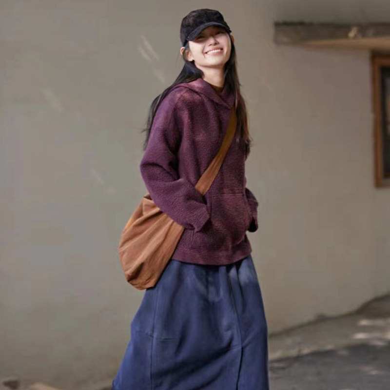 春秋款西梅紫摇粒绒时尚百搭女士加厚连帽卫衣宽松版