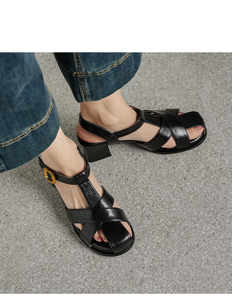 Sandal nữ cao gót quai T dệt kiểu La Mã cổ điển — màu nâu chi tiết 14