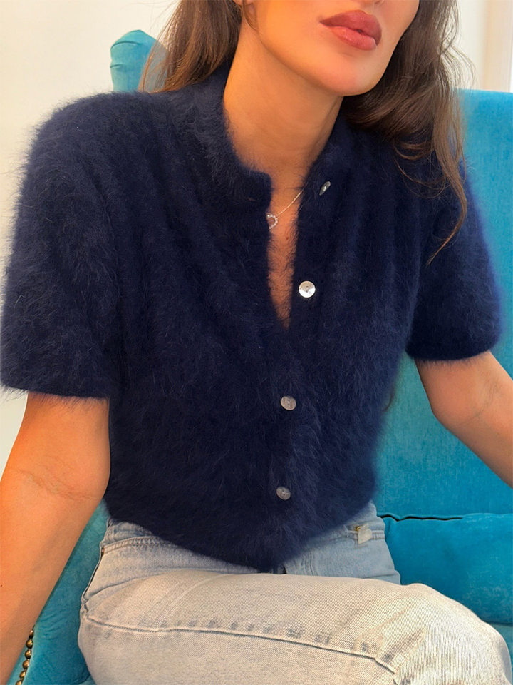 Áo cardigan dệt kim tay ngắn cổ bán cao ôm dáng phong cách retro — Màu hồng, Màu hồng cánh sen, Màu trắng, Màu tím chi tiết 21