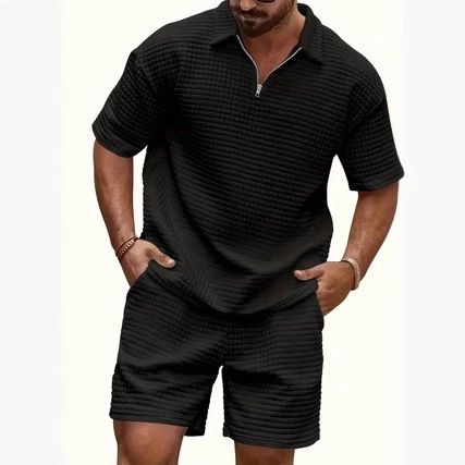 Men's Suit Summer Foreign Trade New Trendy Casual Fashion Waffle Comfortable Solid Color Lapel Shirt Sports Suit