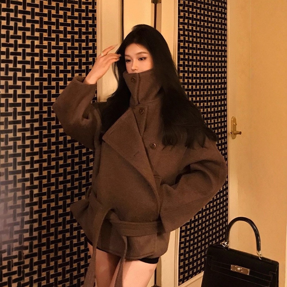 Brown Stand-Up Collar Woolen Outwear for Small Women 2025 Autumn and Winter New Korean Style Woolen Outwear Is Very Good-Looking and Trendy