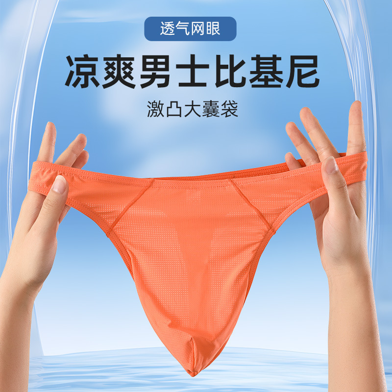 Foreign trade cross-border mesh men's sexy underwear sexy ice silk thong low waist large J underwear Amazon men's pants