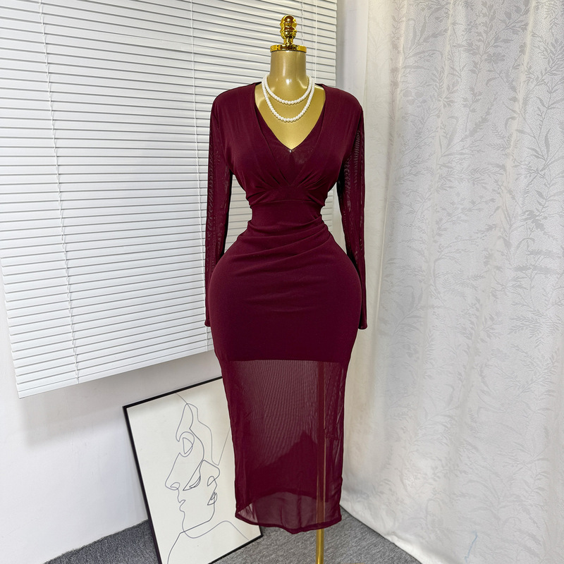 European and American Cross-Border Foreign Trade Spring and Autumn New Style V-Neck Elastic Mesh Slim Sexy Solid Color Mid-Length Dress European and American Cross-Border Foreign Trade Spring and Autumn New Style V-Neck Elastic Mesh Slim Sexy Solid Color Mid-Length Dress