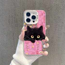 格纹猫咪苹果15/14手机壳iPhone13pro小众11/12/xsmax硅胶xr/xs软
