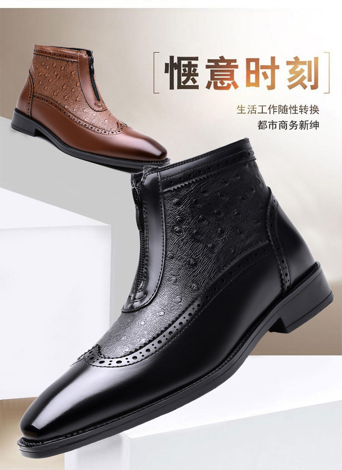 Giày bốt Martin nam da vân đà điểu mũi nhọn khóa kéo cổ trung, size lớn — Màu nâu, Màu đen chi tiết 3