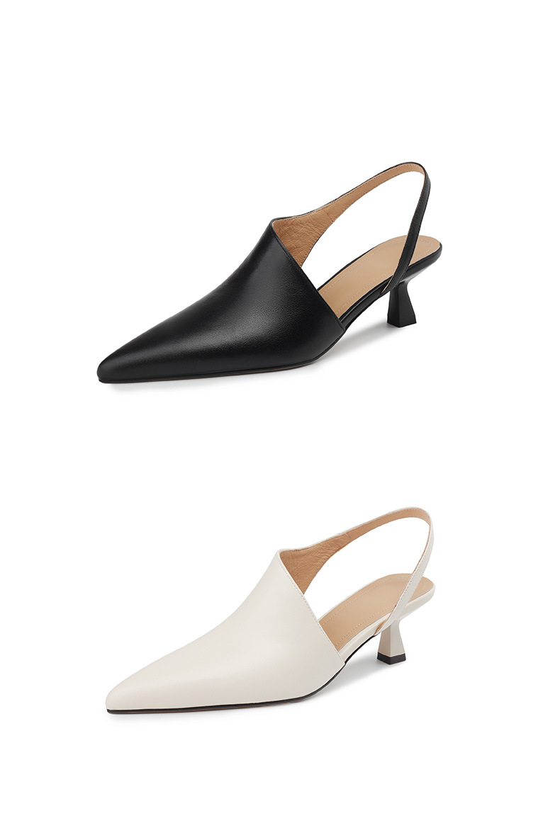 Giày sandal cao gót nữ mũi nhọn kiểu Pháp, da bò thật, gót mèo, hở mũi hở lưng — đen chi tiết 19