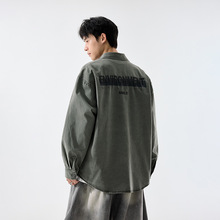 秋季新款美式重磅复古字母印花衬衫男长袖宽松纯棉ins潮日系外套