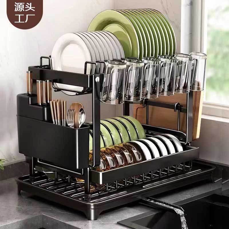 Estante de platos de cocina transfronteriza estante de metal doméstico almacenamiento de platos estante de drenaje multifuncional acabado de mesa doble capa