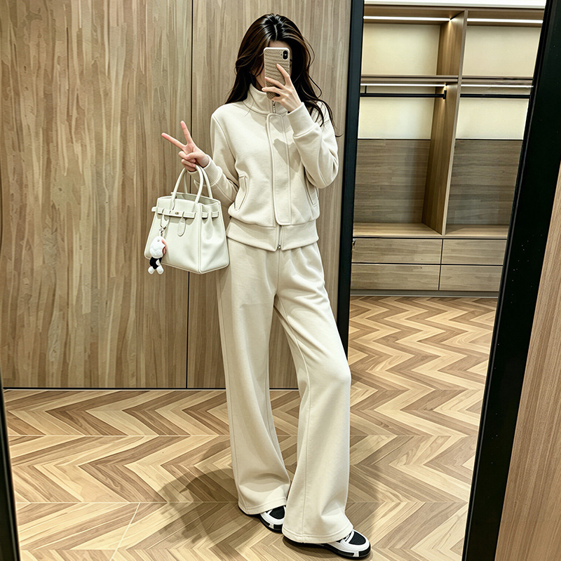 Casual fashion suit for women, autumn fleece-lined, high-end style, petite, elegant, stand-up collar sweatshirt and wide-leg pants two-piece set Casual fashion suit for women, autumn fleece-lined, high-end style, petite, elegant, stand-up collar sweatshirt and wide-leg pants two-piece set