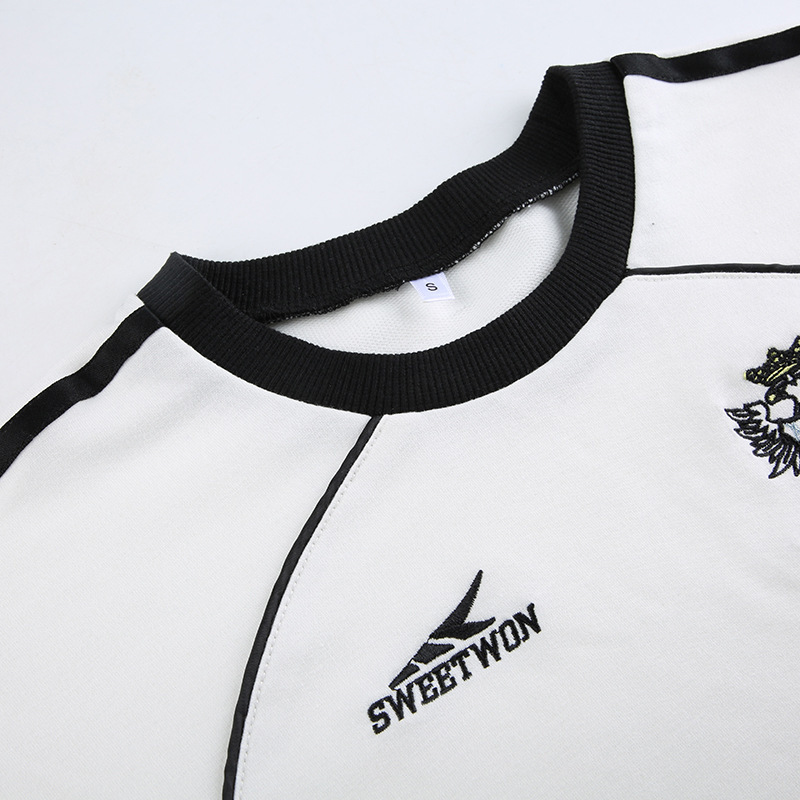 Felpa casual in stile americano con scollo rotondo e stampa di lettere, a blocchi di colore, vestibilità ampia, da donna, semplice da indossare durante il tragitto casa-lavoro_voghion.com