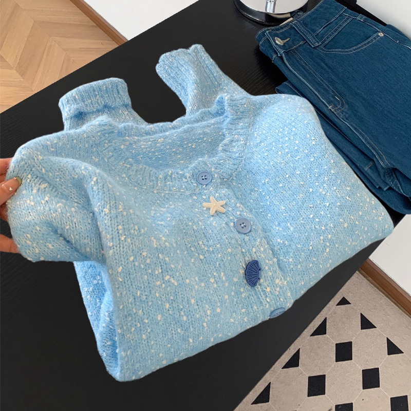Sweet and Soft Blue Sweater Knitwear for Women, Autumn and Winter Soft and Cozy Shell Button Cardigan Jacket Top