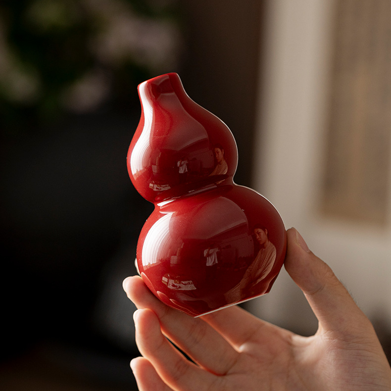 Red Ceramic Gourd Vase Small Red Flower Vessel Home Decoration Fortune Ornament Chinese Style Tea Table Ornament