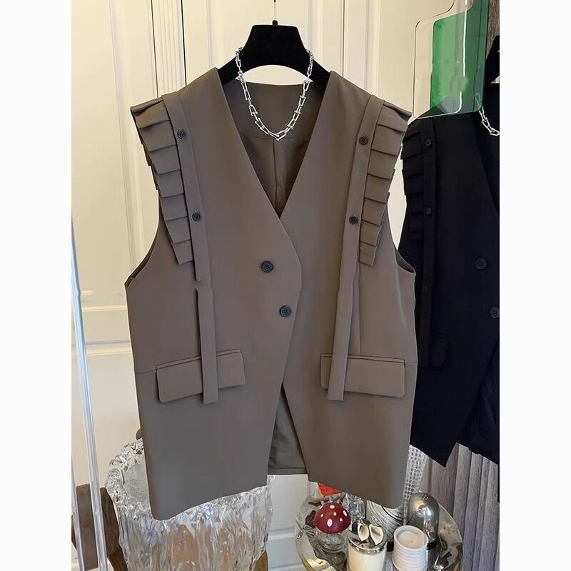 Autumn New Style Temperament Side Splicing Suit Vest Vest Jacket Women's Loose Casual Mid-Length Top