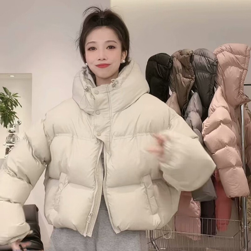Warm winter white duck down hooded warm down jacket women's 2023 winter new short half placket bread clothing Warm winter white duck down hooded warm down jacket women's 2023 winter new short half placket bread clothing