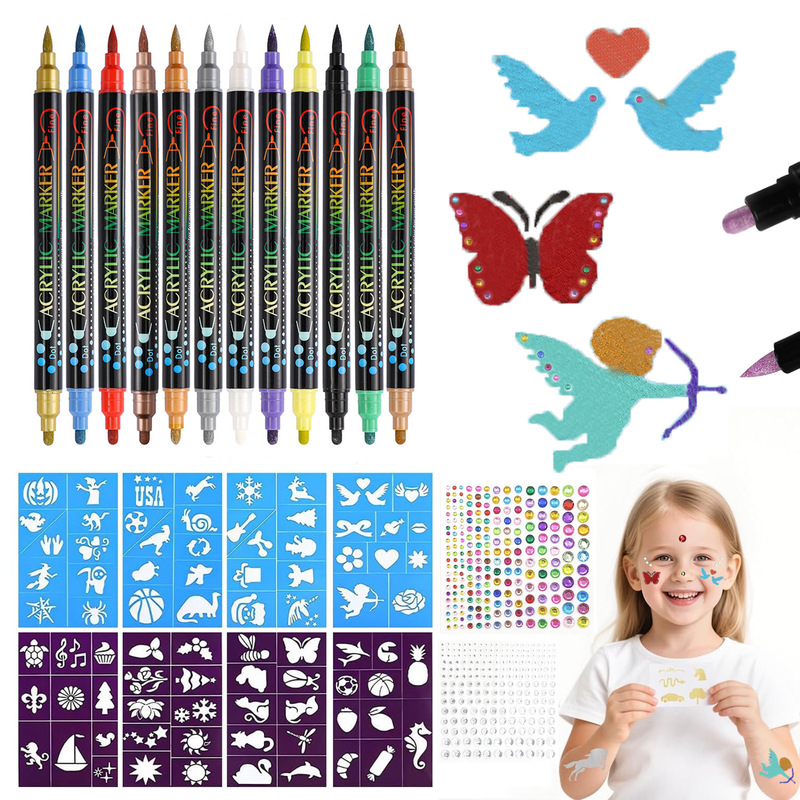 Acrylic Dual-Tip Hand-Painted Pen Temporary Tattoo Set Graffiti Pen Stencil Simple Tattoo Set Cross-Border