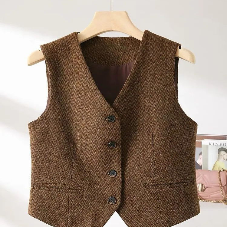9366 New Spring & Fall Layered British Old Money Style Herringbone Woolen Vest Women's Autumn and Winter Sleeveless Simple Jacket