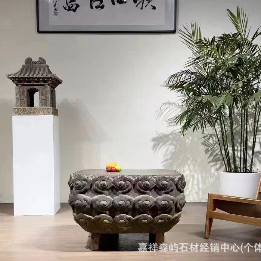 仿古石雕门墩圆形柱子庭院别墅院子装饰石凳祥云板凳花园底座摆件