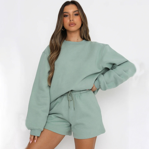 2024 Amazon cross-border summer new long-sleeved shorts sweatshirt set solid color fashion casual short 2-piece set