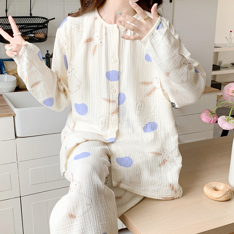 Spring and Summer Pure Cotton Gauze Pregnant Women's Pajamas Maternal Breast-feeding Maternal Long-sleeved Double-layer Crepe Cardigan Set