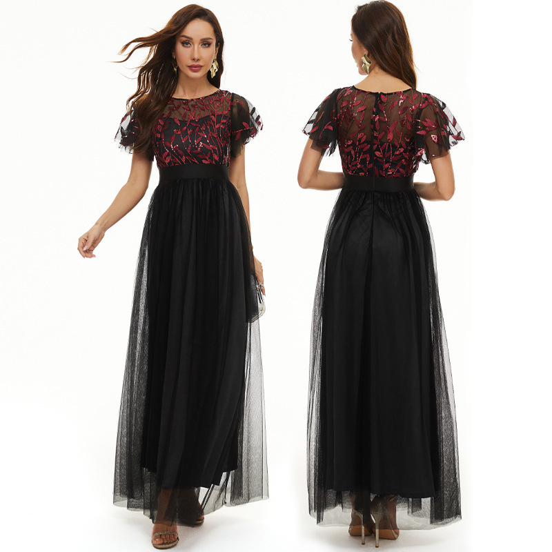 Vestido de lentejuelas manga corta cuello redondo pettiskirt vestido de noche cintura alta elegante dama de honor brindis vestido banquete ropa 115
