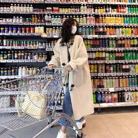 秋冬新款中长款大衣韩版假两件格纹拼接减龄牛角扣羊羔绒外套女冬