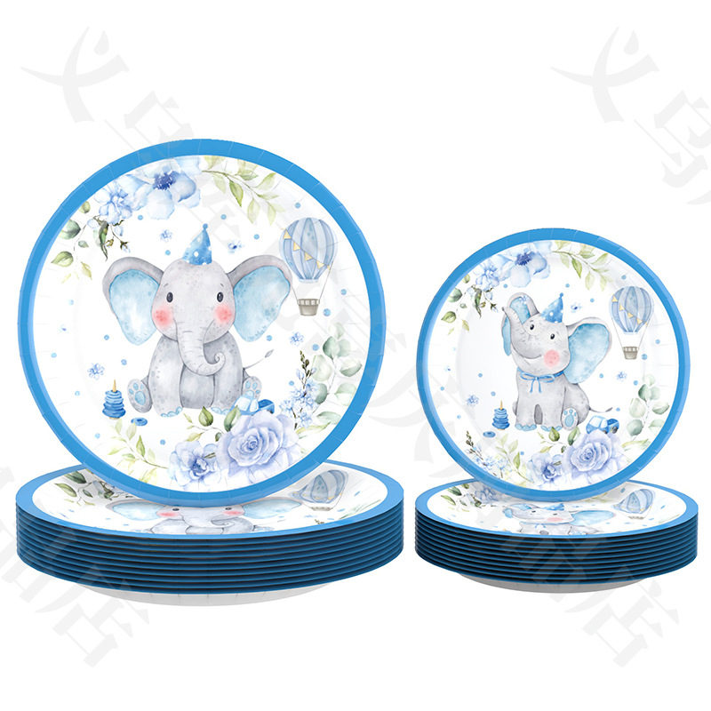 Amazon azul bebé elefante lindo mascota cumpleaños decoración tema plato de papel desechable taza de papel tejido fiesta suministros traje