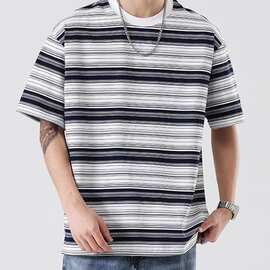 新款男装日系复古撞色条纹青少年T恤男夏季基础百搭休闲圆领短袖