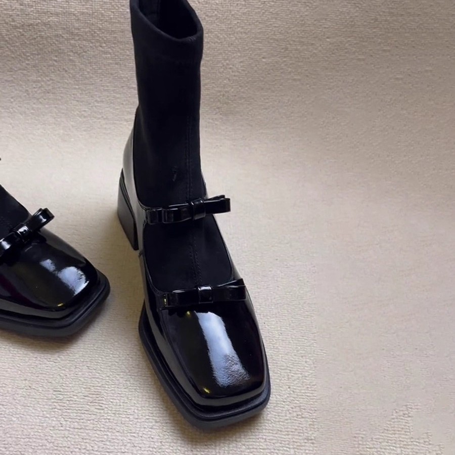 Weiche Lederversion ~ Quadratische Zehenpartie, Retro-Schleife, elastischer, schmaler Patchwork-Mary-Jane-Socken-Stiefel mit klobigem Absatz für schlankmachende Figur_voghion.com