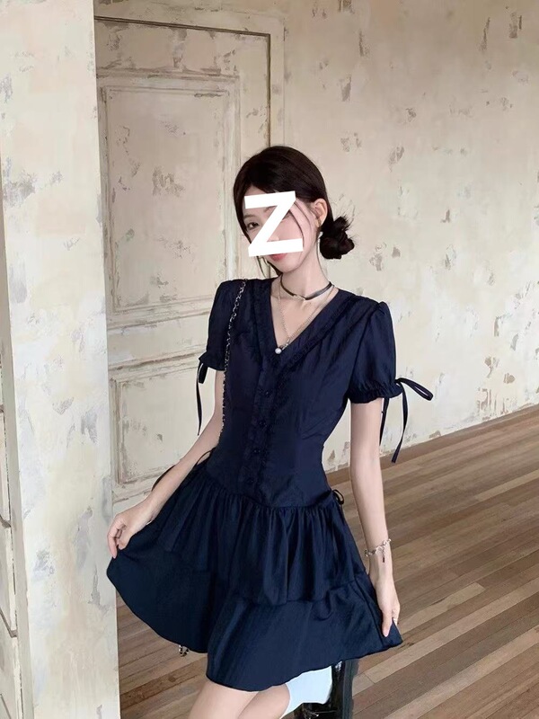 甜美风气质花边V领连衣裙女装夏季a字裙子藏蓝色蛋糕裙小个子短裙|undefined