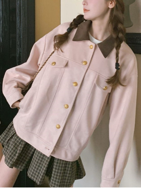 春秋2025新款粉色麂皮绒工装外套女甜美小个子学院风休闲夹克上衣|undefined