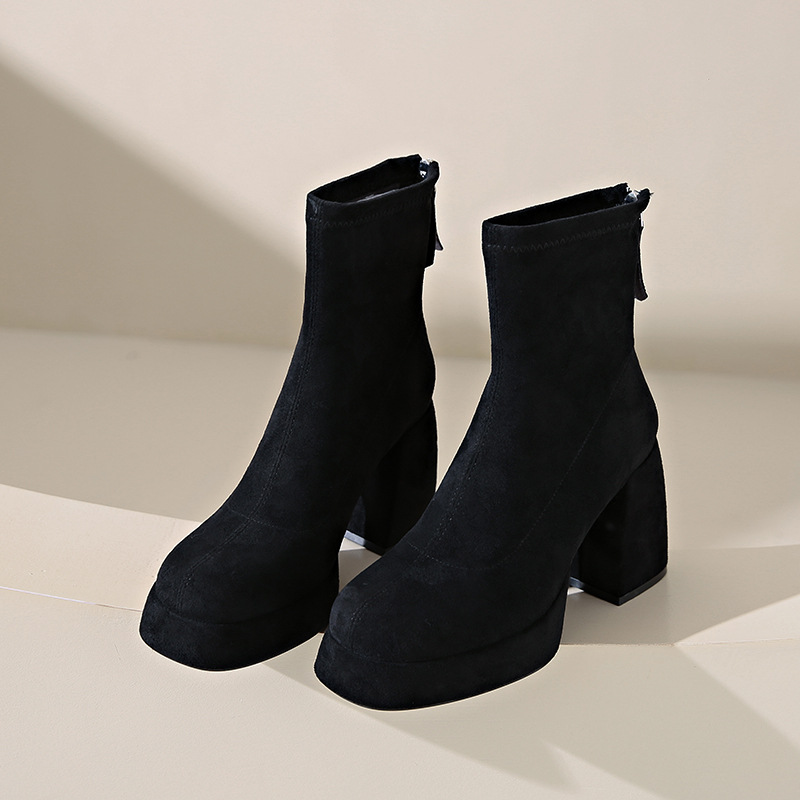 Botas de cano curto estilo francês para mulheres, modelo 2025, com plataforma, sola grossa de camurça impermeável e design fino, ideais para outono e inverno. Versáteis._voghion.com