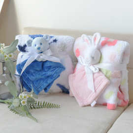外贸75*100尾单 冬季儿童双层毛毯羊羔珊瑚绒盖毯子玩偶礼品套装