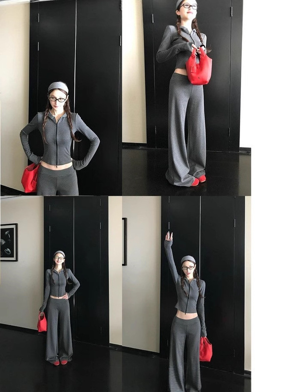 山东即墨卫衣慵懒条纹修身正肩显瘦遮肉连帽卫衣套装女款秋季外套|undefined