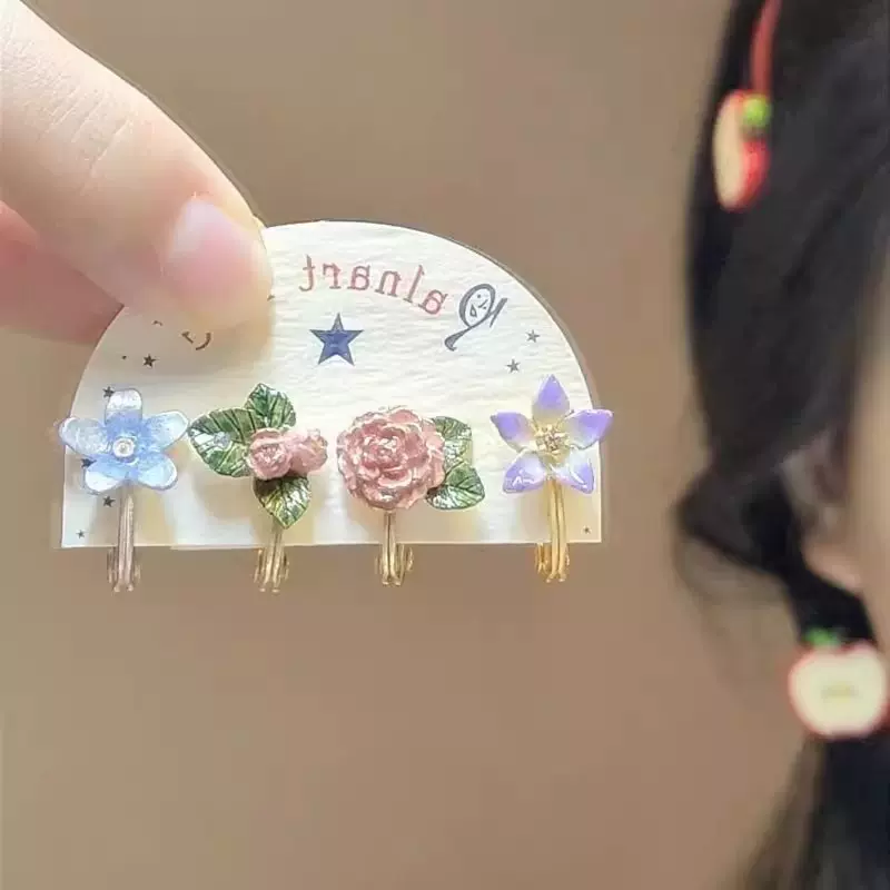温柔的夏日花卉小耳夹精致小巧四件套小众设计感无耳洞百搭耳饰