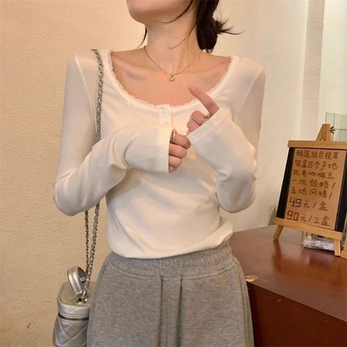 250g Comfort Fleece Lace-Trimmed Button-Down Crew Neck T-Shirt for Women Long-Sleeve Slimming Top