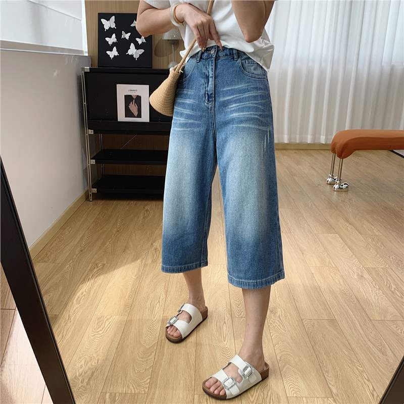 Tencel Hemp Denim! High-Waisted Slimming Loose Straight-Leg Five-Point Denim Shorts for Women, Summer Thin Style Pants, Mid-Length Pants