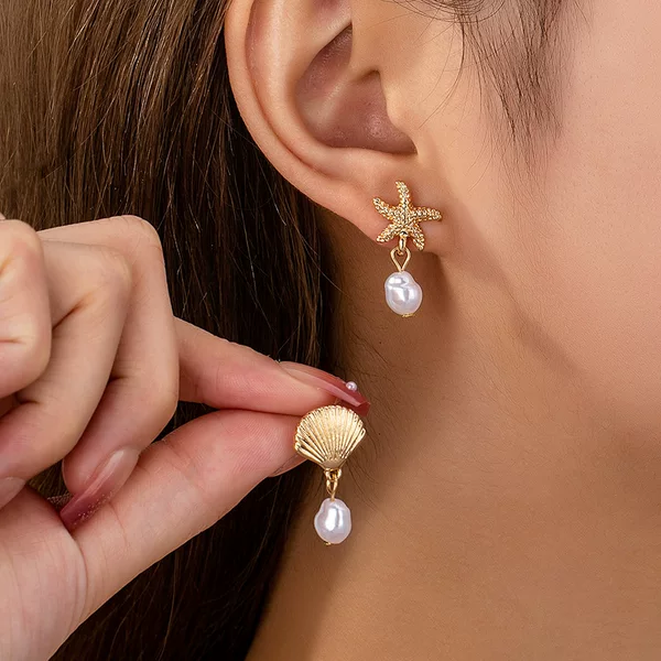 European and American Cross-Border Creative New Pearl Starfish Earrings Women's Fashionable and Exquisite Summer Seaside Vacation Style Earrings