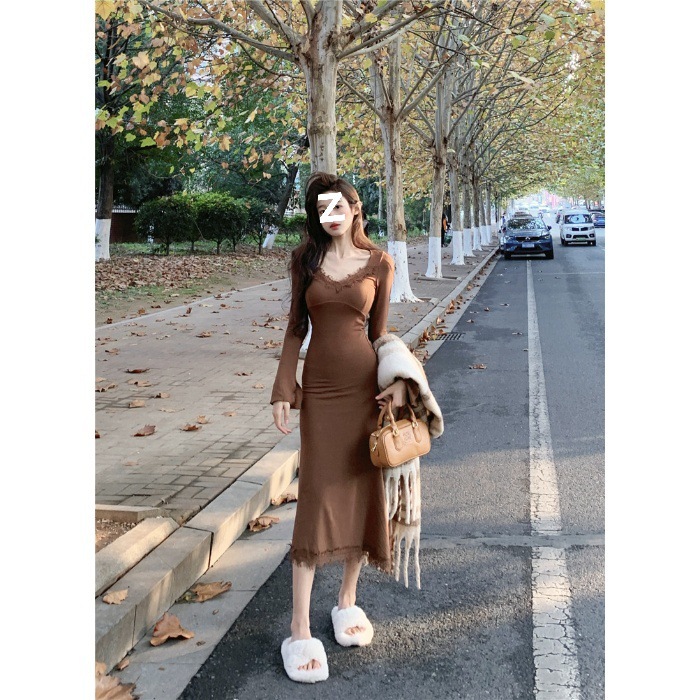 春季新款长袖拼接鱼尾连衣裙女打底黑色蕾丝收腰修身气质裙子长裙|undefined