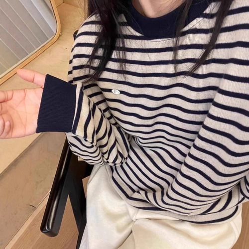 American oversize striped round neck sweatshirt for women spring and autumn 2025 new hot style loose unique super good-looking top