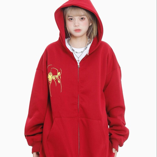 Fun Spider Color Blocking Full Print Minimalist Zip-Up Hoodie Streetwear Loose Hooded Sweatshirt Outerwear