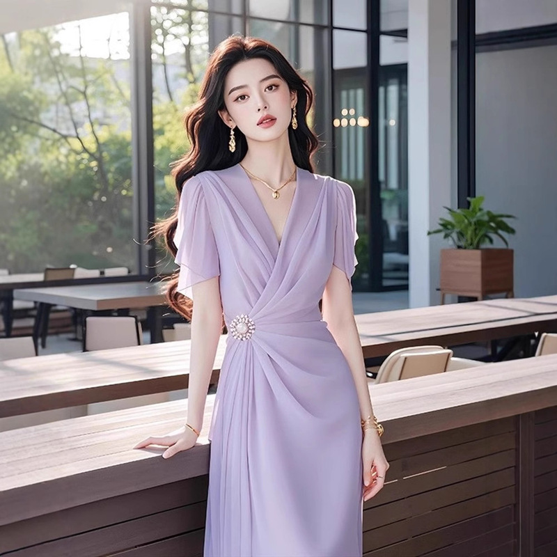 2024 New French Style Elegant Long Dress Light Luxury High-end Tight Waist Slimming Chiffon Purple dress Children's Summer