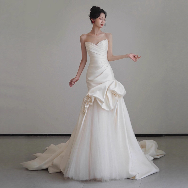 Strapless Light Wedding Dress 2026 New Model, Stunning Forest-Style Fairy-Like Bride's Gown, Slimming Waist-Cinching Mermaid Reception Dress