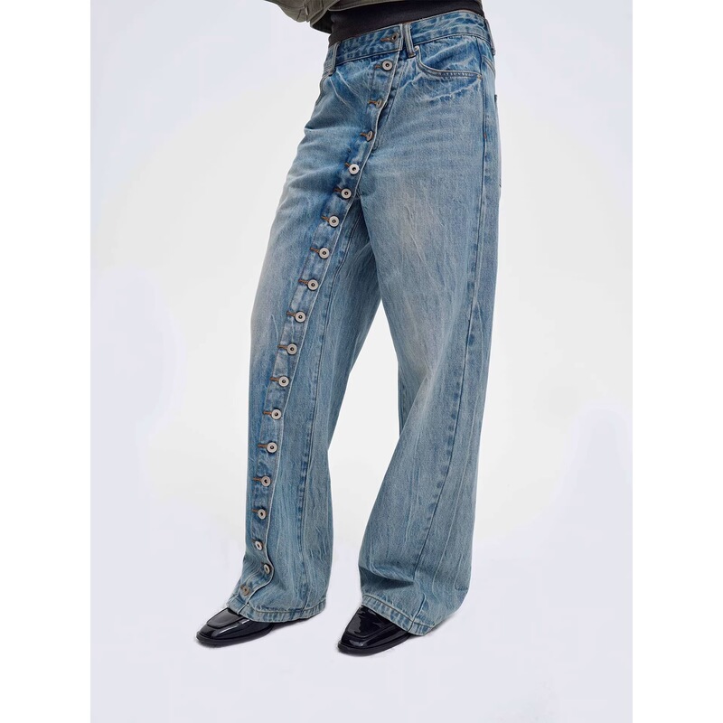 Commeuntissu Washed Vintage Diagonal Placket Buttoned Jeans for Men and Women, Casual Loose-Fitting Versatile Long Pants