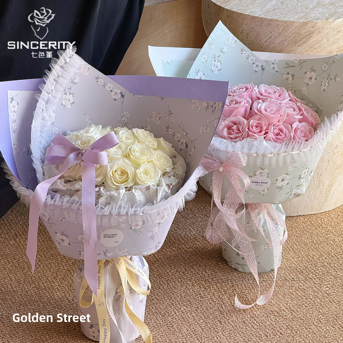 Flor de cordiería de siete colores, material de envoltura floral grueso, impresión de flores cortadas, papel kraft, paquete de flores, papel de envoltura de flores
