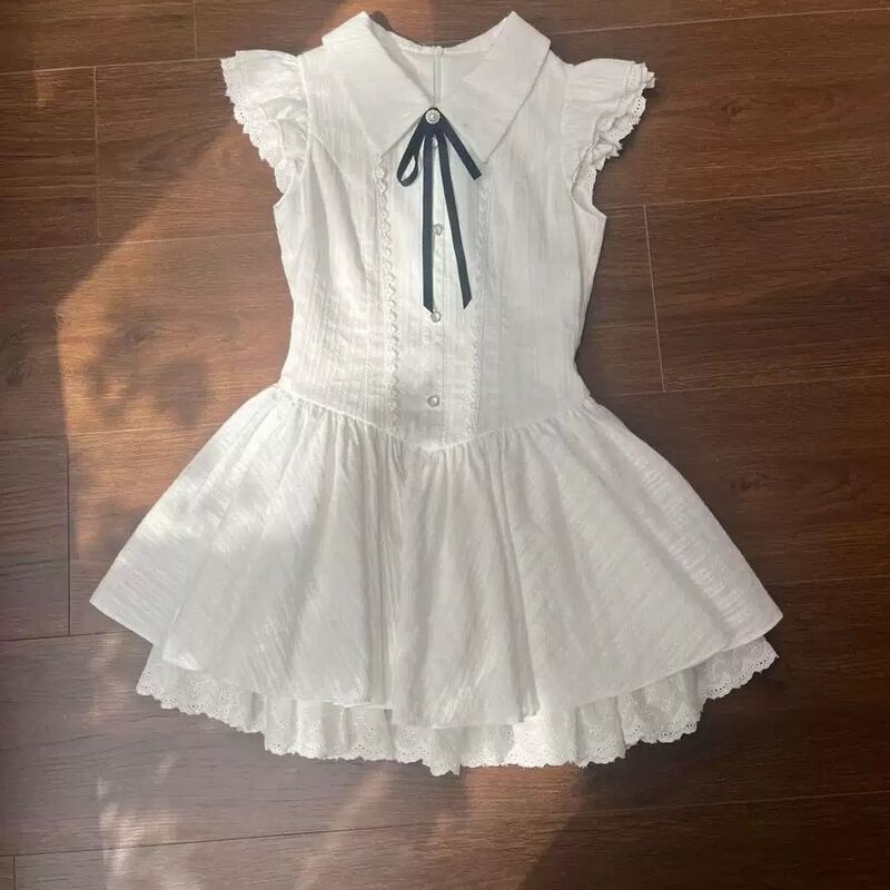 College-style doll collar white dress for women, 2026 summer new model, waist-cinching, slimming, with a romantic vibe, A-line puffy short skirt