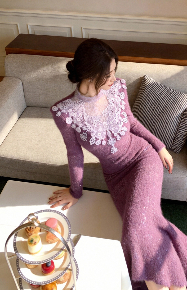 Đầm ôm body nữ cổ tròn ren chắp vá eo thon dáng dài — màu tím chi tiết 6
